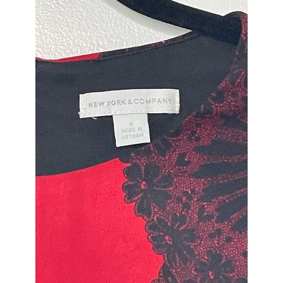 New York & Company Lace Print Shift Dress Cap Sleeve Red Black Women's Size 4 - Picture 4 of 11